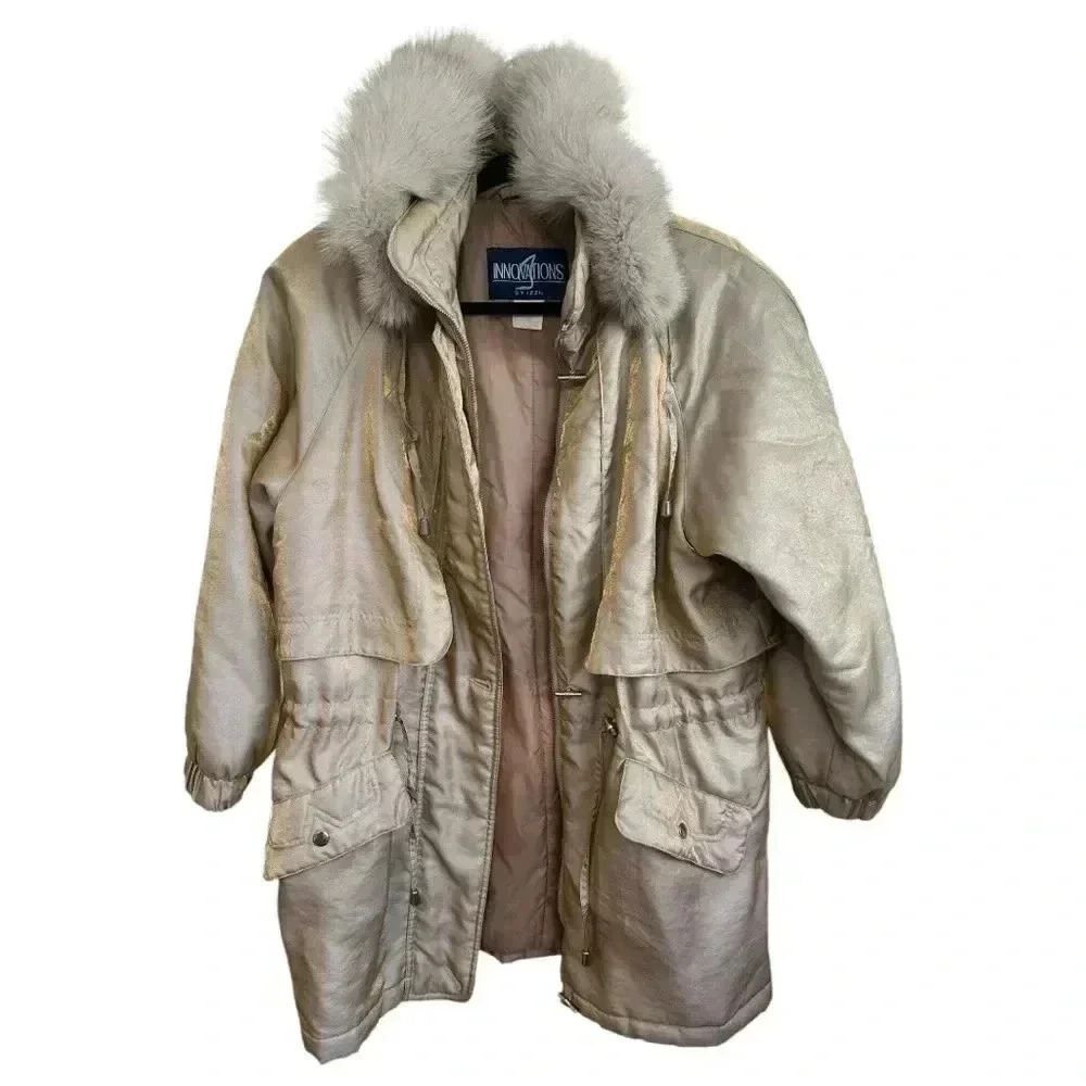 Vintage 90s Innovations by Izzi Gold Iridescent parka removable fur trim hood, S